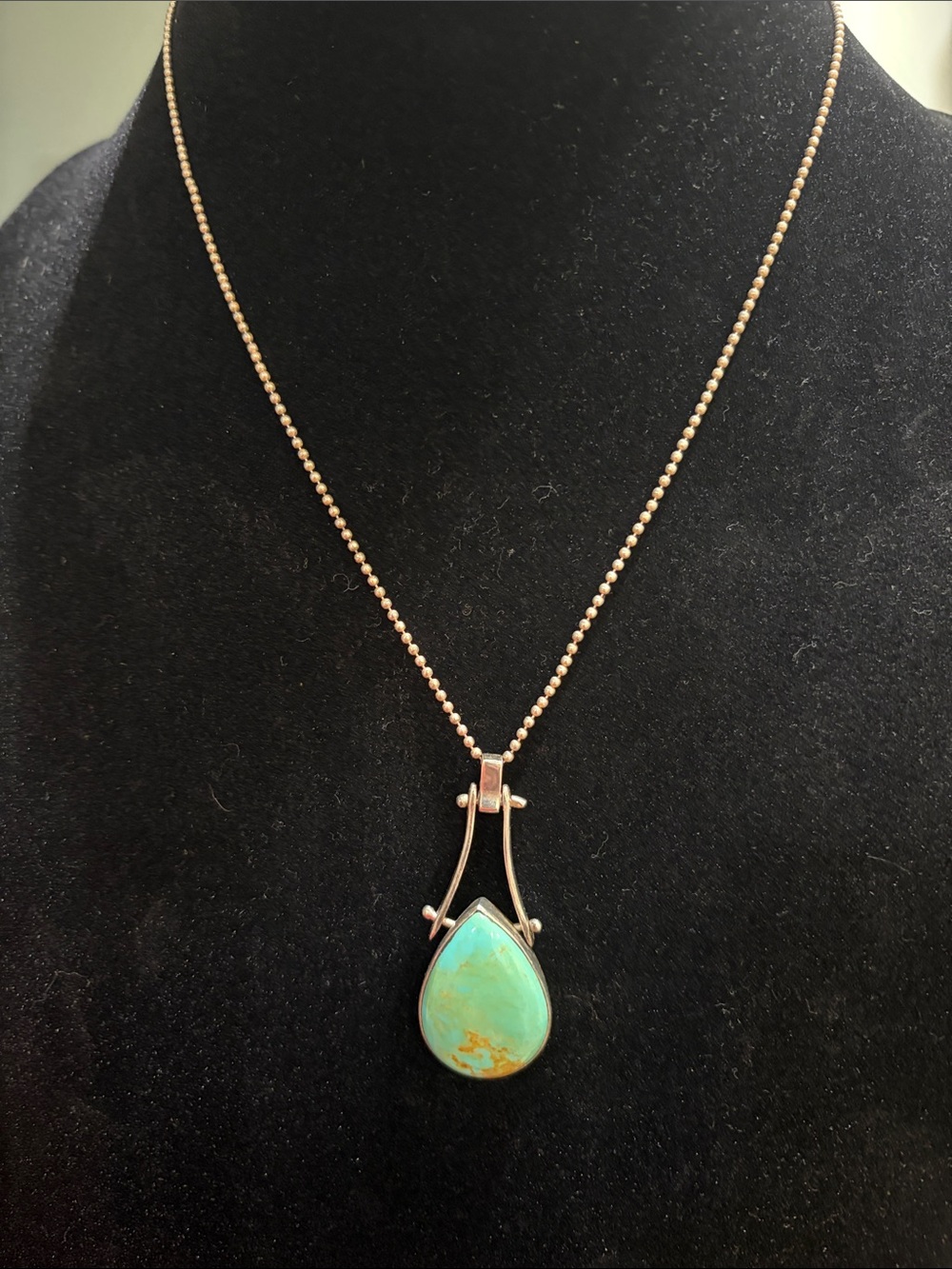 Vintage Sterling Silver 925 Genuine Turquoise Teardrop Pendant Necklace Italy 🇮🇹